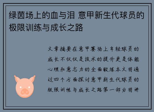 绿茵场上的血与泪 意甲新生代球员的极限训练与成长之路