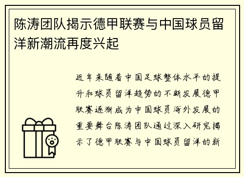 陈涛团队揭示德甲联赛与中国球员留洋新潮流再度兴起